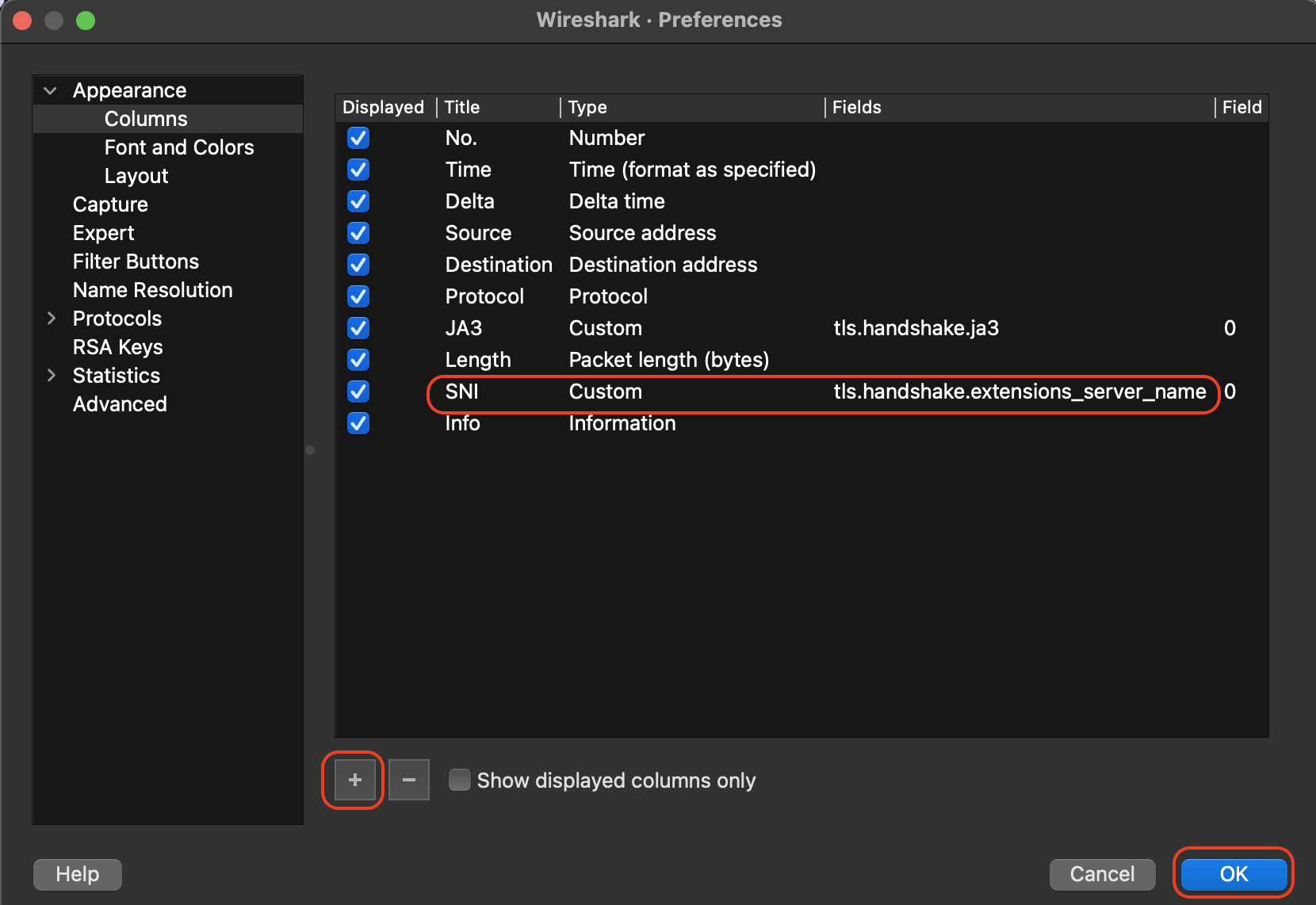 Editing Column Preferences in Wireshark