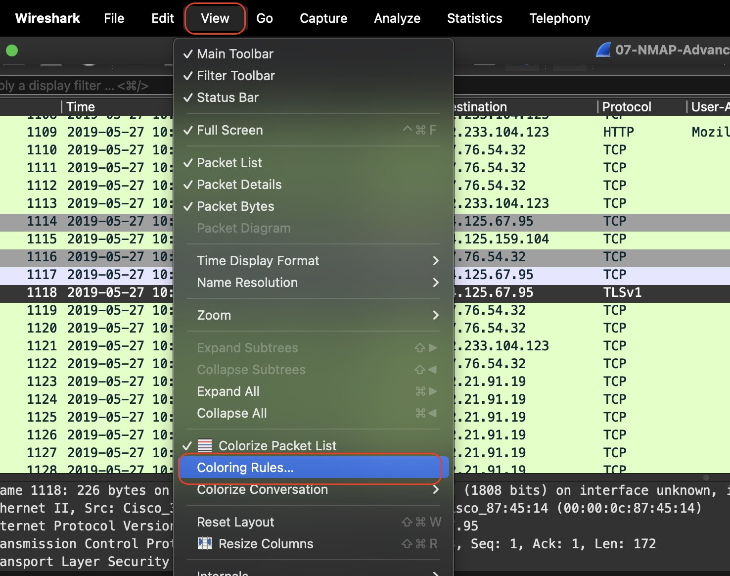 View menu in Wireshark